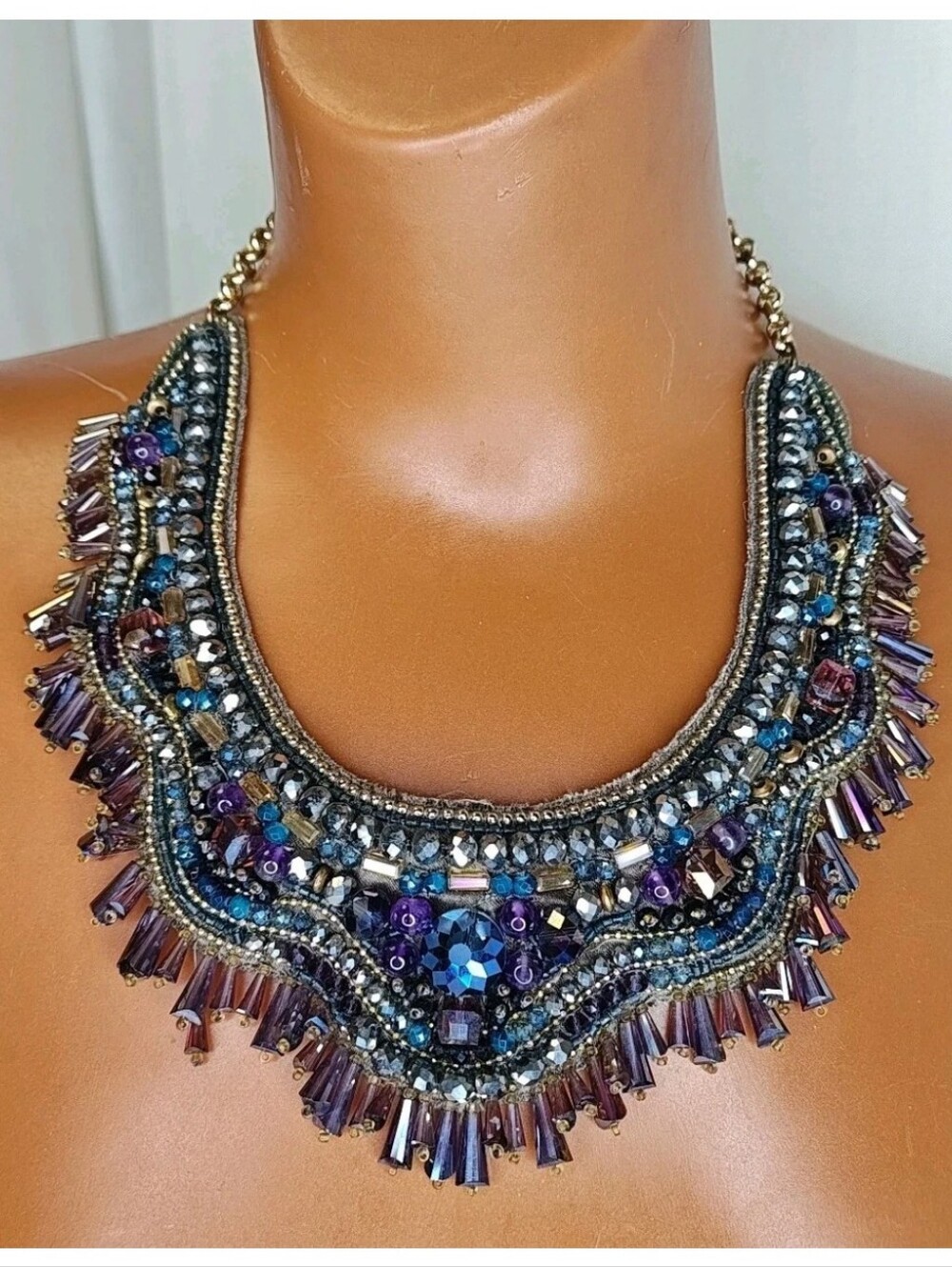 Chico's Ursala Fringed Bib Collar Necklace Statement Glass Beaded Gold Tone Y2K